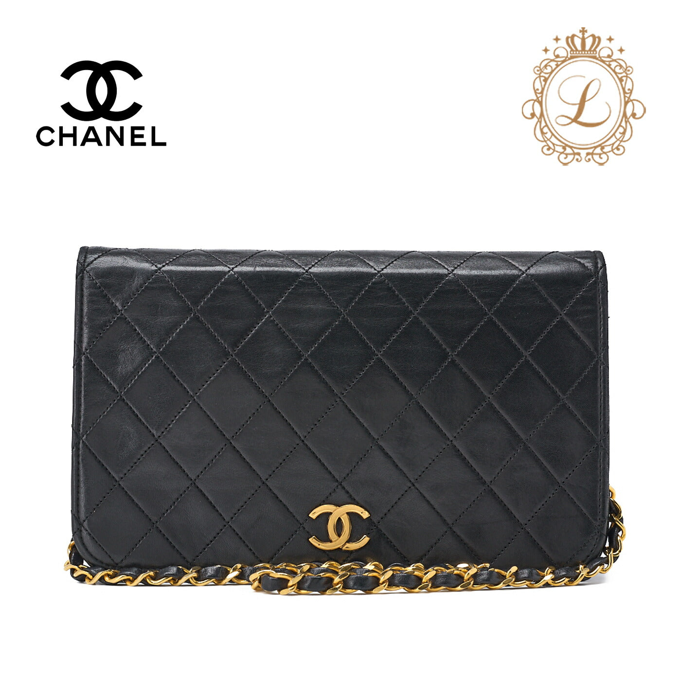 CHANEL Shoulder Bag Matelasse Full Flap Push Lock Chain Shoulder Lambskin Black Gold-Tone Hardware Pre-Owned - Vintage La Charme