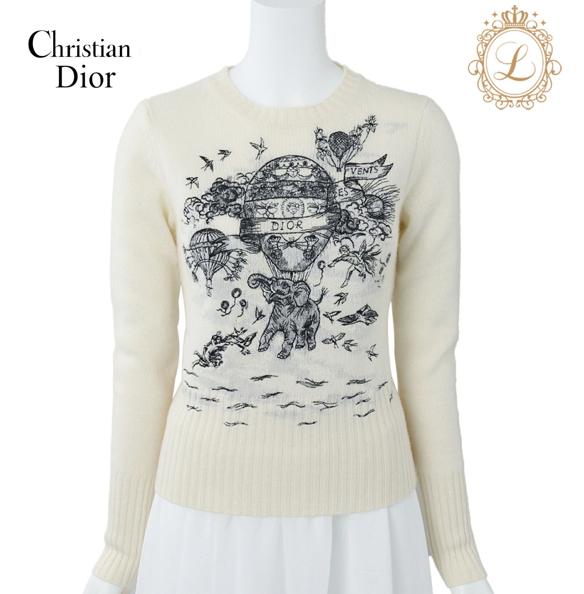 Dior Long Sleeve Knit, Logo Embroidery, Cashmere, Ivory, Gold-Tone Hardware, Pre-Owned - Vintage La Charme