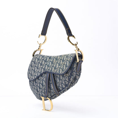 Dior Trotter Saddle Bag Canvas, Leather, Navy, Gold-Tone Hardware, Pre-Owned - Vintage La Charme