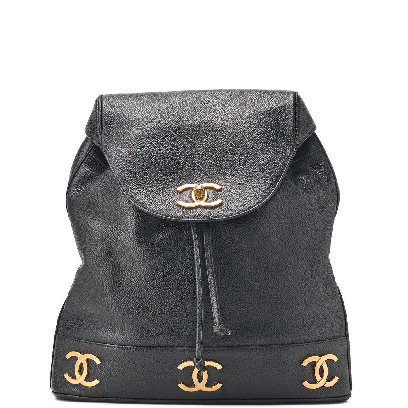 CHANEL Backpack Caviar Skin Triple Coco Turnlock Black Gold-Tone Hardware, Pre-Owned