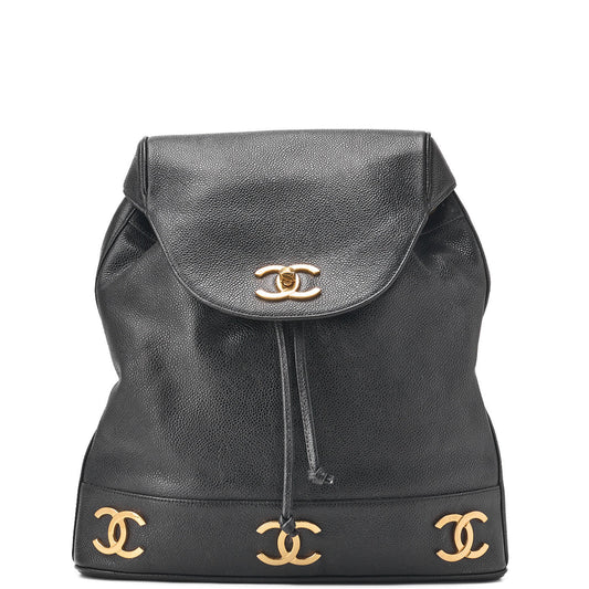 CHANEL Backpack Caviar Skin Triple Coco Turnlock Black Gold-Tone Hardware, Pre-Owned