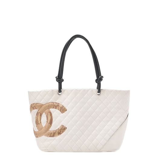 CHANEL Tote Bag Matelasse Calfskin Python White Silver-Tone Hardware Pre-Owned