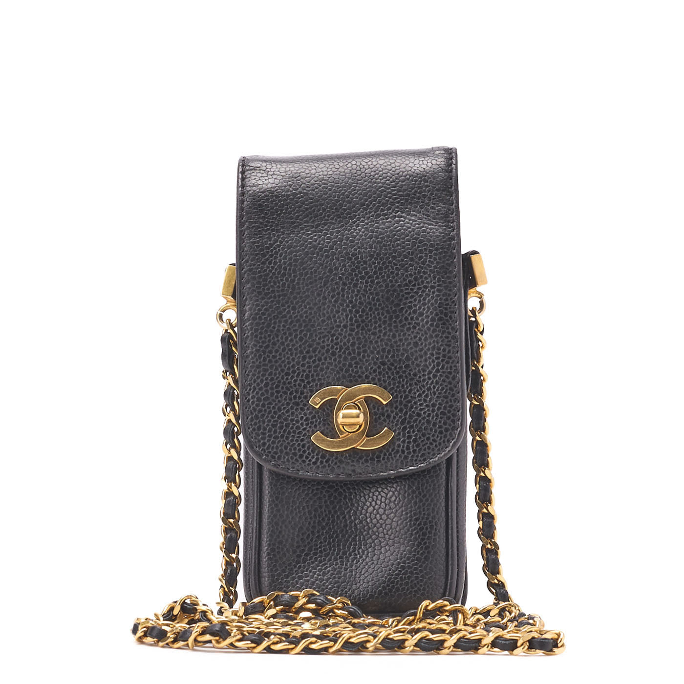 Chanel Shoulder Bag Pouch Turn Lock Caviar Skin Black Gold-Tone Hardware Pre-Owned