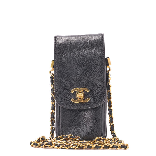 Chanel Shoulder Bag Pouch Turn Lock Caviar Skin Black Gold-Tone Hardware Pre-Owned