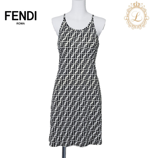 Fendi Camisole One Piece Skirt, Zucca Pattern, Cotton, Black, Silver-Tone Hardware, Pre-Owned - Vintage La Charme