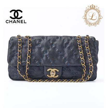 CHANEL Shoulder Bag Mini Wild Stitch Matelasse Caviar Skin Navy Gold-Tone Hardware Pre-Owned - Vintage La Charme