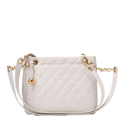 CHANEL Chain Shoulder Bag  Matelassé Ball Charm Caviar Skin White Gold-Tone Hardware, Pre-Owned