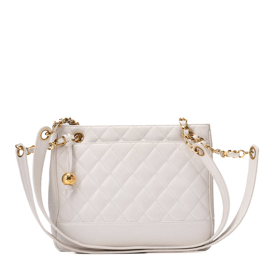 CHANEL Chain Shoulder Bag  Matelassé Ball Charm Caviar Skin White Gold-Tone Hardware, Pre-Owned