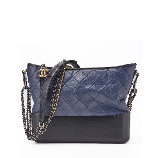 CHANEL Chain Shoulder Bag Matelasse Vintage Calf Leather Black Navy Gold-Tone Hardware Pre-Owned