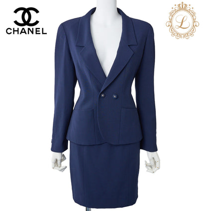 CHANEL Jacket Skirt Set, Coco Button, Wool, Navy, Gold-Tone Hardware, Pre-Owned - Vintage La Charme