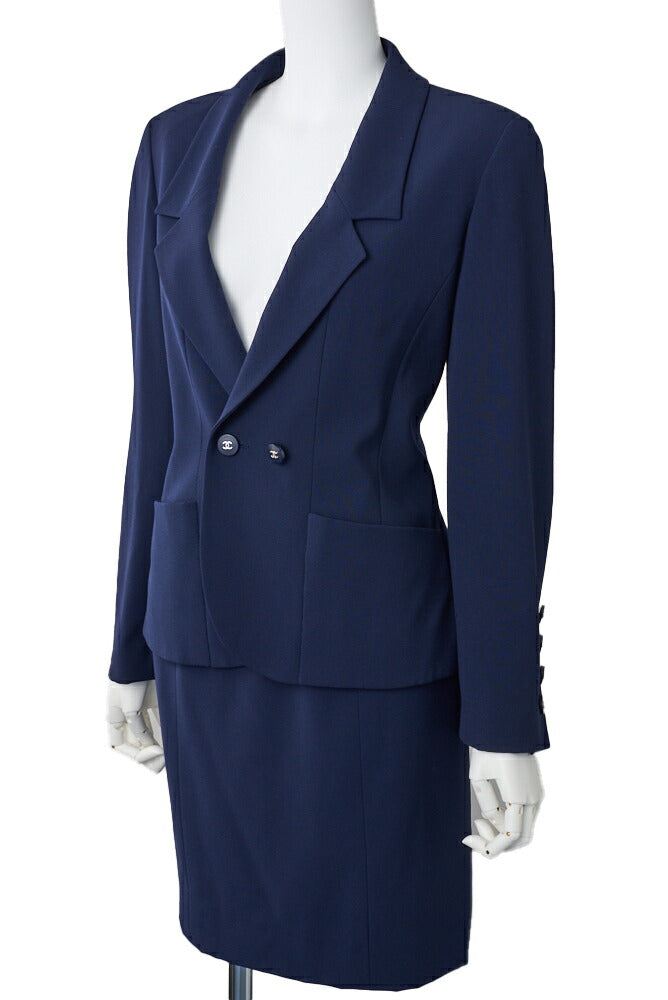 CHANEL Jacket Skirt Set, Coco Button, Wool, Navy, Gold-Tone Hardware, Pre-Owned - Vintage La Charme