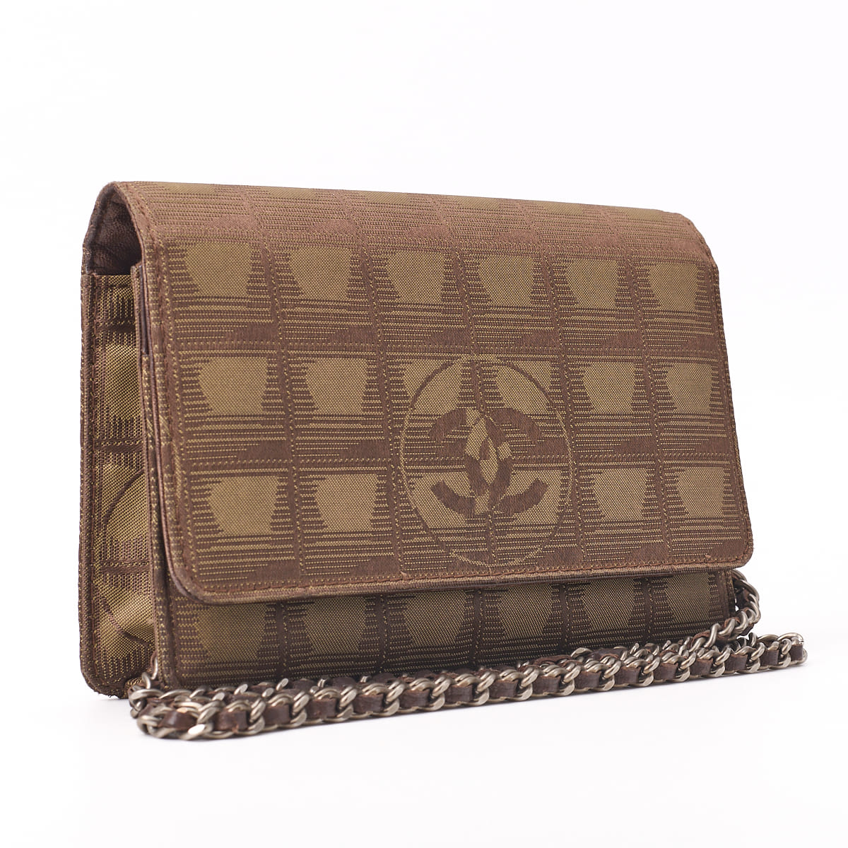 CHANEL Shoulder Bag Mini Travel Chain Wallet Lambskin Canvas Brown Silver-Tone Hardware Pre-Owned - Vintage La Charme