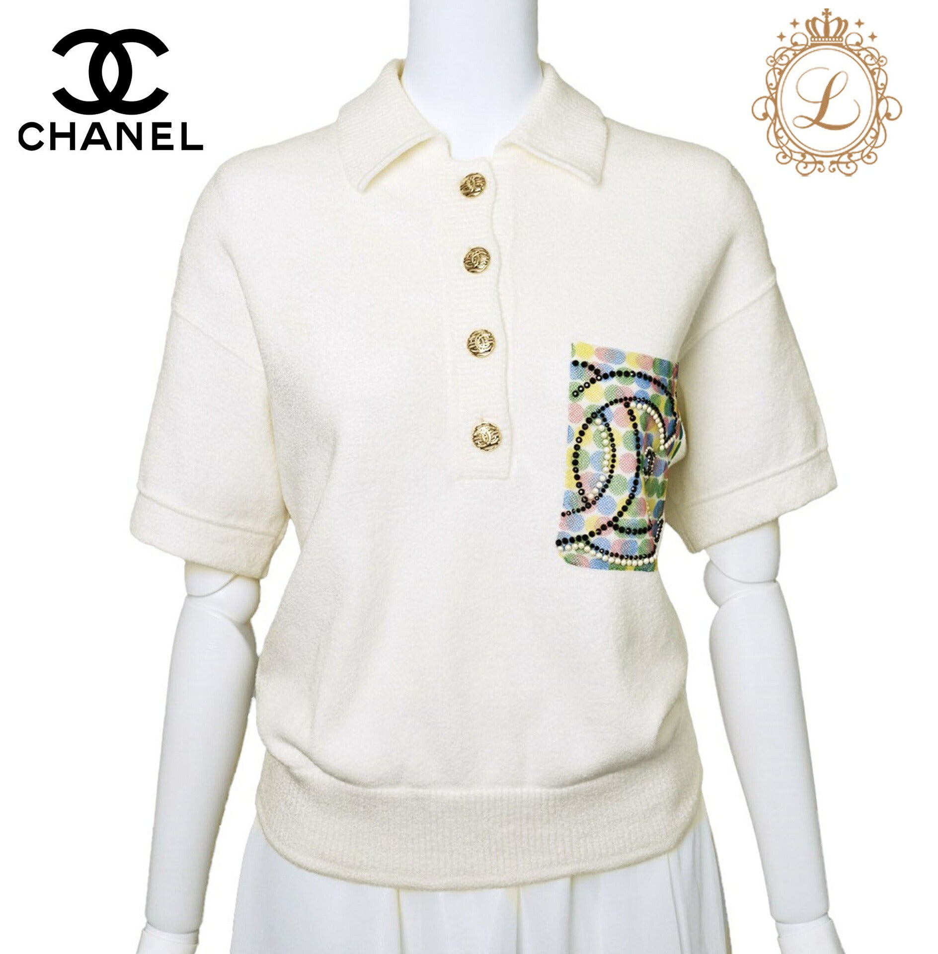 CHANEL Polo Shirt, Coco Mark, Pearl Coco Button, Cotton, White, Gold-Tone Hardware, Pre-Owned - Vintage La Charme