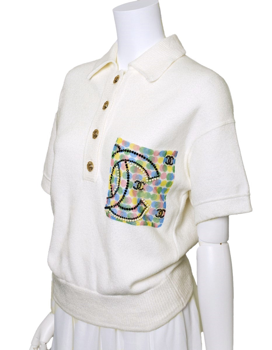 CHANEL Polo Shirt, Coco Mark, Pearl Coco Button, Cotton, White, Gold-Tone Hardware, Pre-Owned - Vintage La Charme