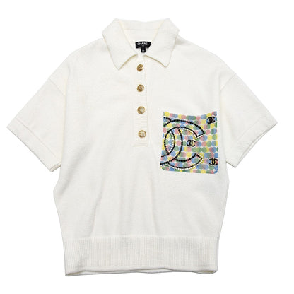 CHANEL Polo Shirt, Coco Mark, Pearl Coco Button, Cotton, White, Gold-Tone Hardware, Pre-Owned - Vintage La Charme