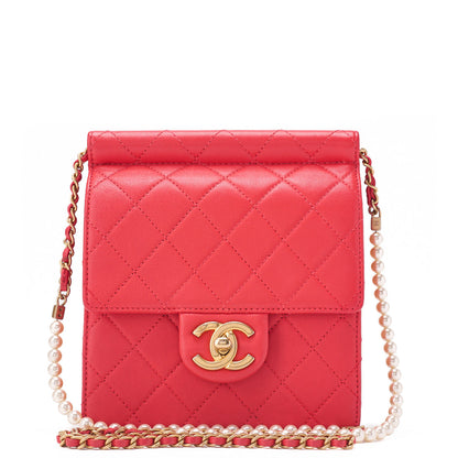 CHANEL Chain Shoulder Matelassé  Pearl Chain Chain Wallet Lambskin Red Gold-Tone Hardware, Pre-Owned