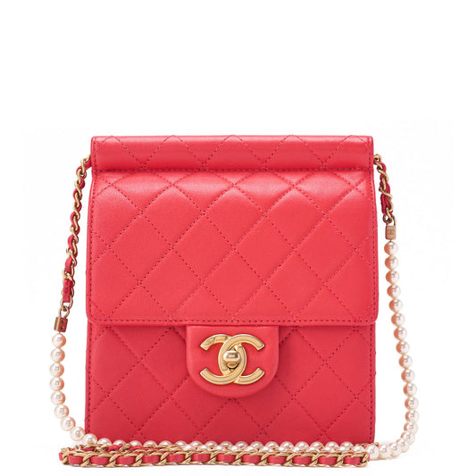 CHANEL Chain Shoulder Matelassé  Pearl Chain Chain Wallet Lambskin Red Gold-Tone Hardware, Pre-Owned