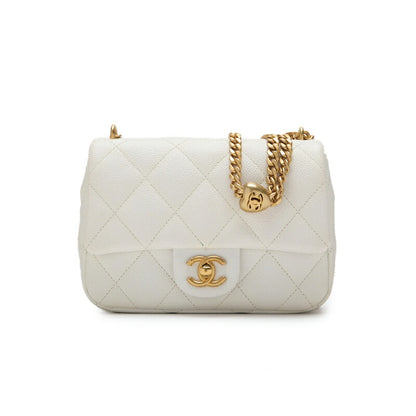 CHANEL Mini Shoulder Bag, Matelasse, Turn Lock, Caviar Skin, White, Gold-Tone Hardware, Pre-Owned - Vintage La Charme