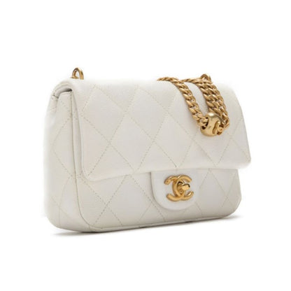 CHANEL Mini Shoulder Bag, Matelasse, Turn Lock, Caviar Skin, White, Gold-Tone Hardware, Pre-Owned - Vintage La Charme