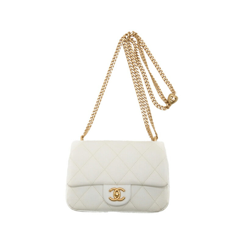 CHANEL Mini Shoulder Bag, Matelasse, Turn Lock, Caviar Skin, White, Gold-Tone Hardware, Pre-Owned - Vintage La Charme