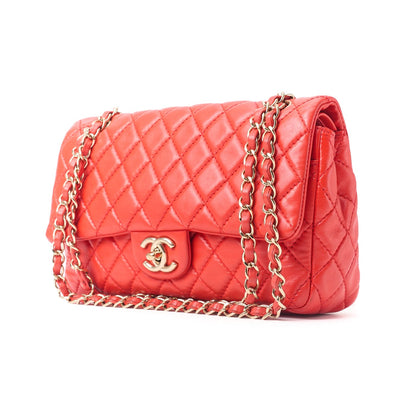 CHANEL Shoulder Bag Matelasse Turn Lock Double Flap Lambskin Red Gold-Tone Hardware Pre-Owned - Vintage La Charme