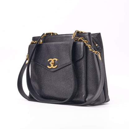 CHANEL Tote Bag, Outside Flap, Double Chain Shoulder, Caviar Skin, Black, Gold-Tone Hardware, Pre-Owned - Vintage La Charme